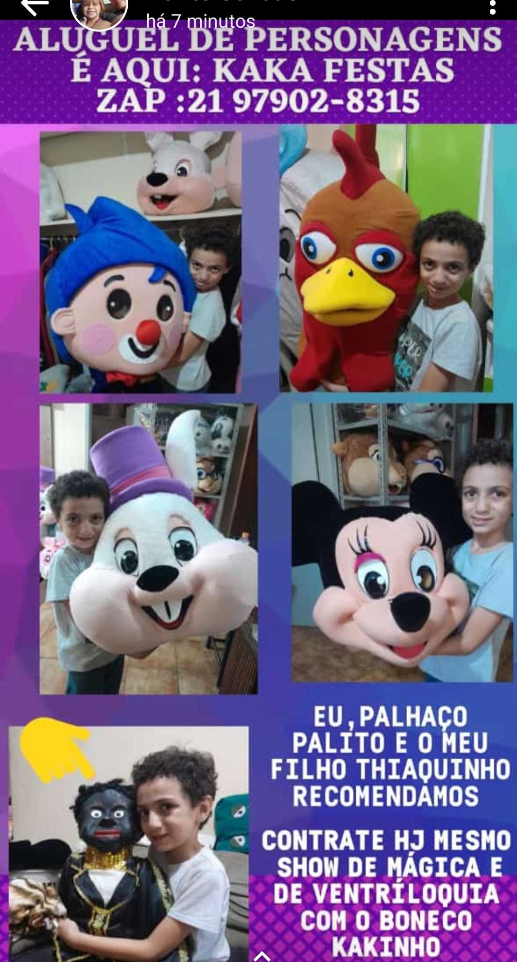Aluguel e venda de personagens vivos pra animação de festas infantis em olaria RJ zap 21 97902 8315